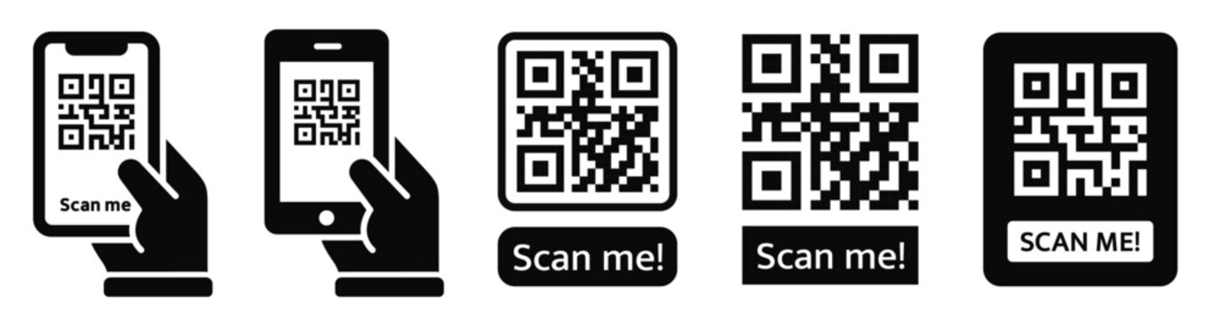 Scan QR code icon. QR code scan icon with smartphone sign. QR code for payment. QR code symbol with the inscription "scan me" - stock vector.