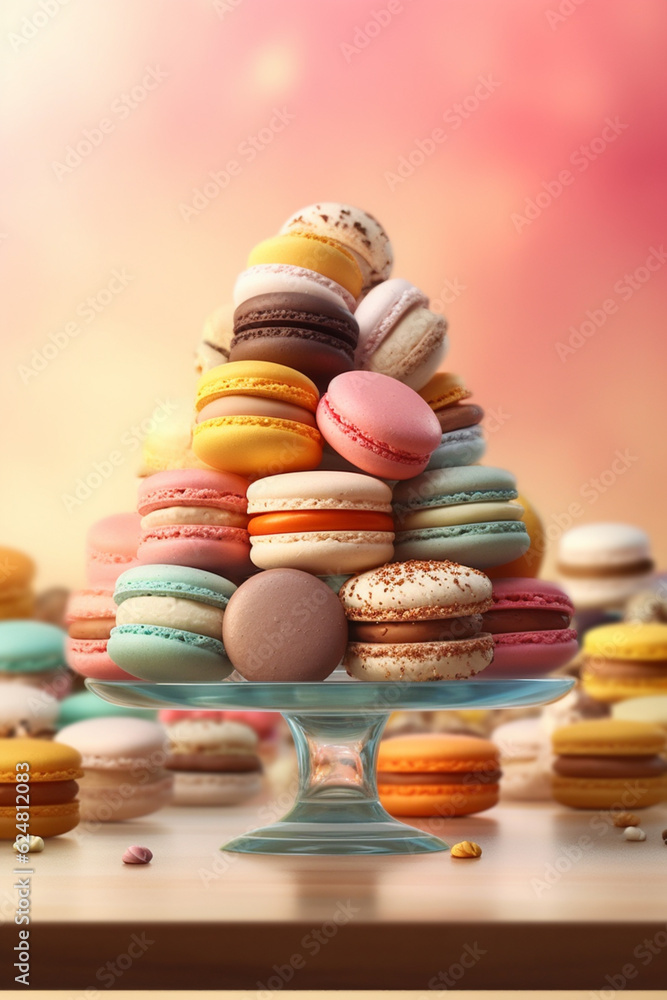 Poster a display of assorted macarons in vibrant colors and flavors, highlighting the confectioner's expert
