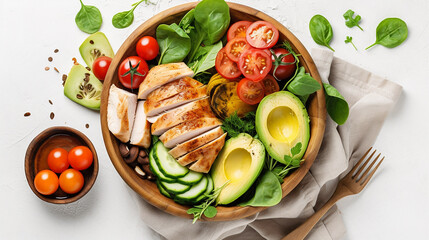 Portion of chicken, avocado, tomato, spinach salad, top view. Generative AI
