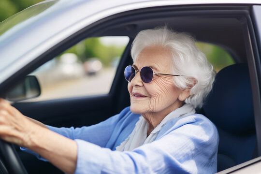 Senior smiling woman driving a car. Generative AI