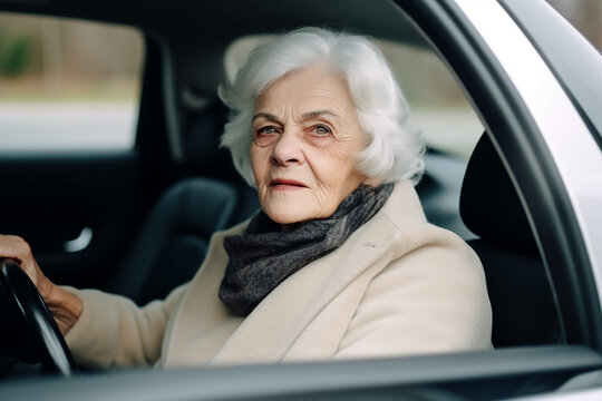 Senior woman driving a car. Generative AI
