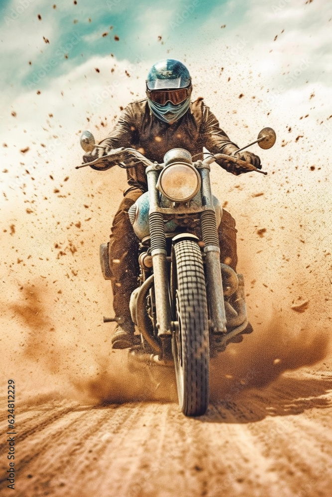 Poster a digital artwork of a bandit escaping on a motorcycle, leaving a trail of dust and tire marks behin