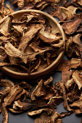 Close-up of dried porcini mushroom slices on moving platform