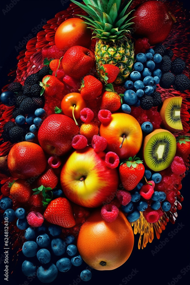 Poster An abstract digital manipulation artwork where photographs of fruits are digitally transformed, distorted,  Generative AI technology.