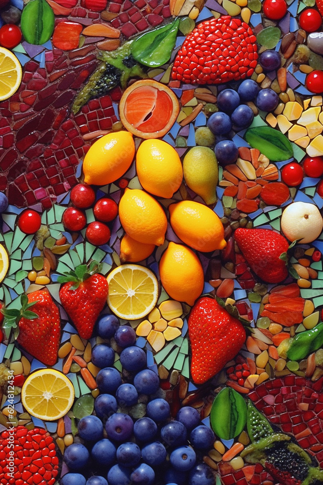 Aufkleber  An abstract mosaic artwork featuring small, colorful tiles arranged in geometric patterns, with each tile representing a different fruit,  Generative AI technology.
