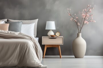 wooden bedside table with lamp and alarm clock, floor vase with rose flowers in modern bedroom interior. generated ai