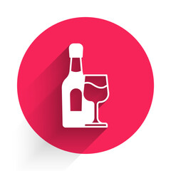 White Wine bottle with glass icon isolated with long shadow background. Red circle button. Vector