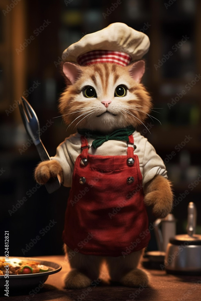 Poster  An adorable cat baker plush toy with a removable chef's hat and a small apron.  Generative AI technology.