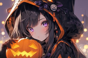 Obraz premium cute anime girl with black hair and purple eyes holding a pumpkin for halloween. generated ai