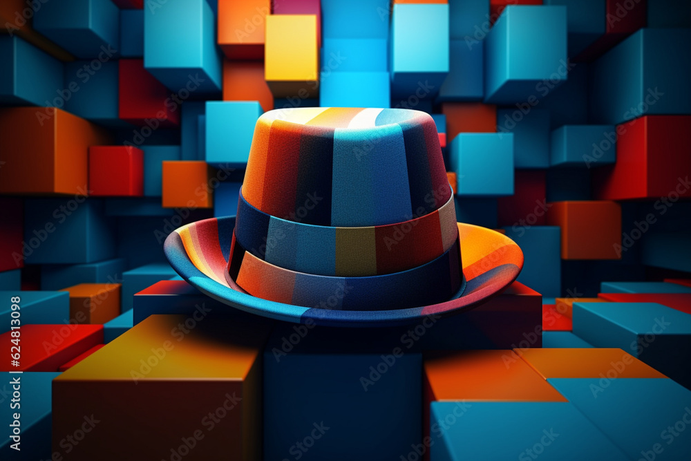 Poster an abstract digital composition representing a gentleman's hat, composed of intersecting geometric s