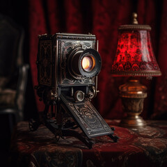 Vintage fictional style camera in retro style setting with background boho lighting.
