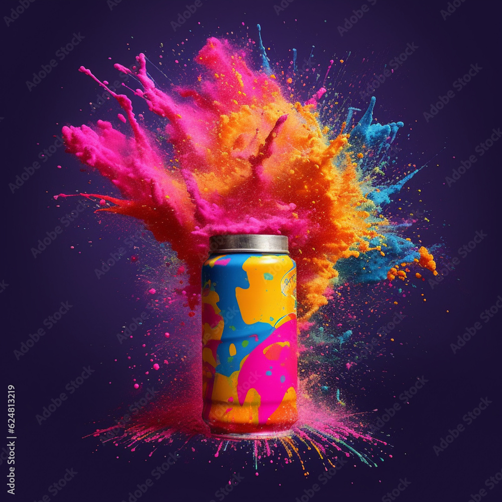 Poster An artistic illustration depicting a can of aerosol paint transformed into a vibrant explosion of colors, symbolizing the transformative power of creativity.  Generative AI technology.