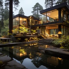 Obraz premium Breathtaking Luxury wooden home in the woods, generative ai