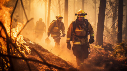 Naklejka premium Firefighters fighting flames of a forest fire during summer