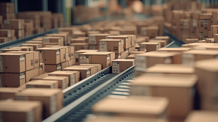 Close-up of multiple cardboard box packages moving along a conveyor belt in a warehouse