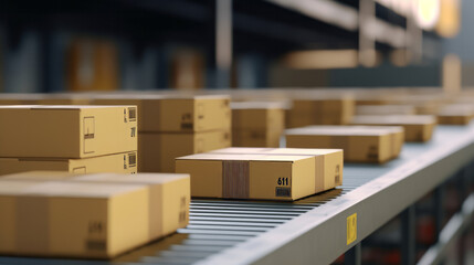 Close-up of multiple cardboard box packages moving along a conveyor belt in a warehouse