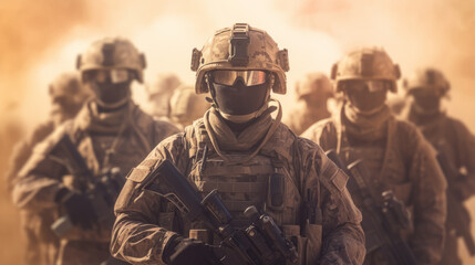 Several modern soldiers fully equipped facing the camera in a dusty and smoggy environment - obrazy, fototapety, plakaty