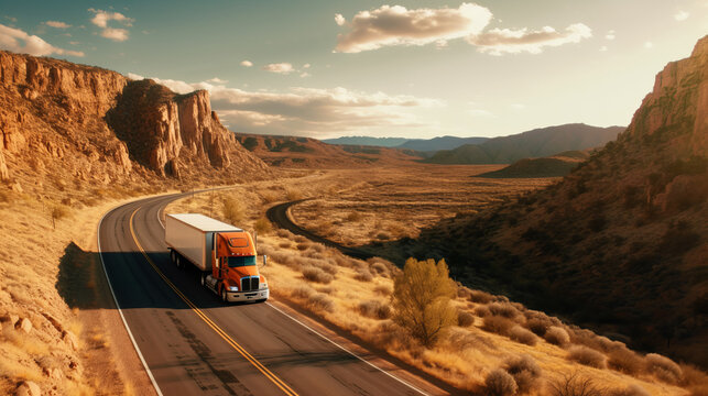 Huge semi-truck crossing the southwest United states on an empty road