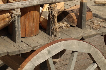 Vintage, wooden cart, handmade brown in the village