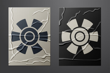 White Sun icon isolated on crumpled paper background. Paper art style. Vector