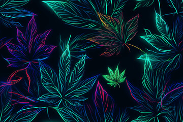 Seamless pattern with cannabis marijuana leaves in neon colors. Dark background with hemp weed leaf. Generative AI