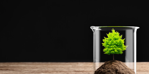 Tree and green plant inside pot with water. Black background. Preserve nature, respect the environment. Plant growth. Space for logo and text. AI generative.