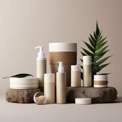 environmentally friendly Blank cosmetic product line with white color and copy space makeup, and skin care items