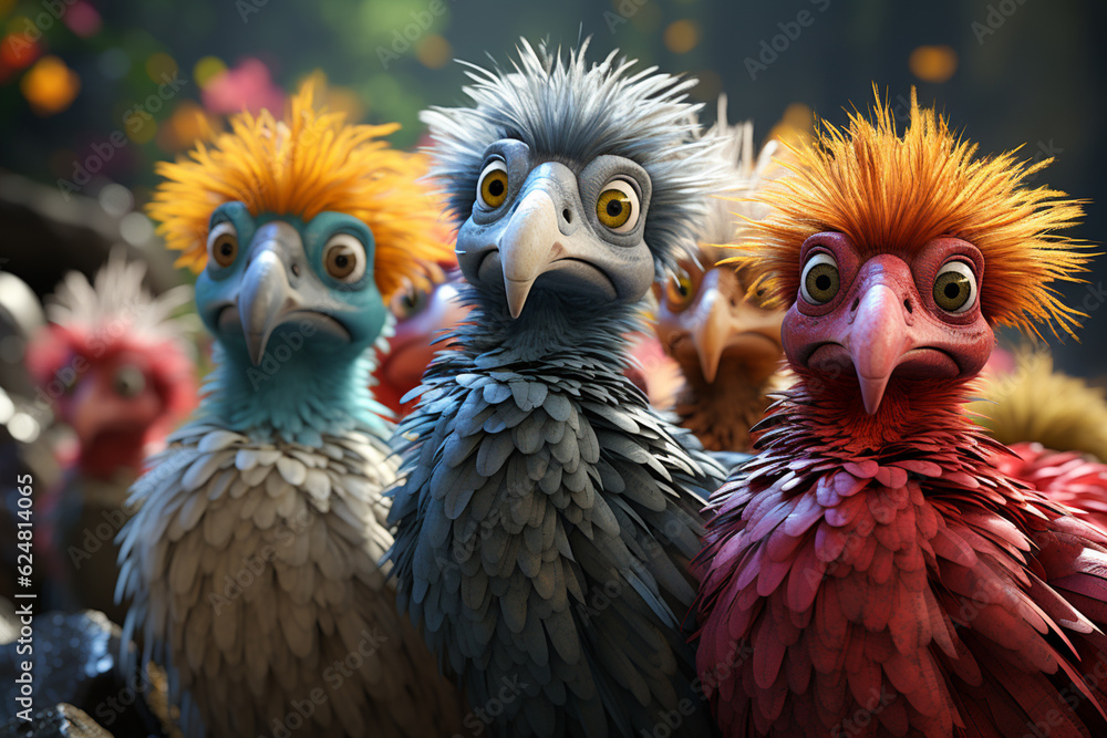 Poster He playful interaction between a group of Dodo Bird, showcasing their social dynamics and vigilant nature. Generative AI technology.