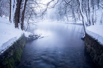 not a frozen lake in the snowy forest.