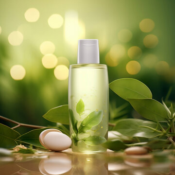 environmentally friendly Blank bottle of cosmetics with  nature green color and copy space