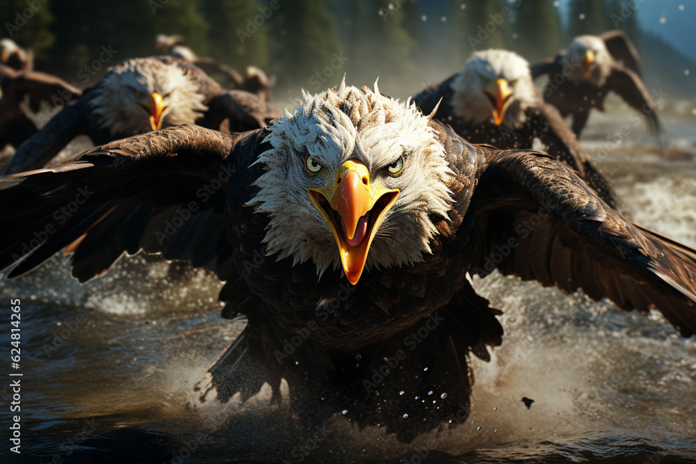 Poster he playful interaction between a group of haast's eagle, showcasing their social dynamics and vigila