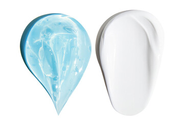 Smears of a beautiful transparent thick blue gel, cream on an empty background.