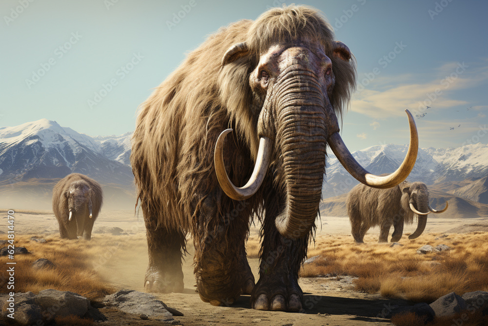 Poster he playful interaction between a group of woolly mammoth, showcasing their social dynamics and vigil