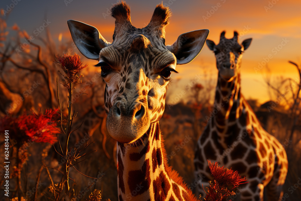 Poster He playful interaction between a group of Giraffe, showcasing their social dynamics and vigilant nature.  Generative AI technology.