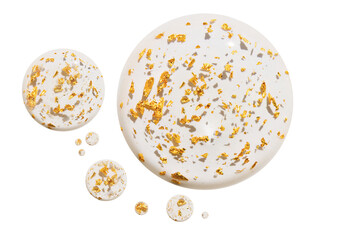 Transparent serum, serum, gel with splashes of 24 carat gold. Isolated round drops spreading