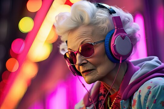 close up portrait of old woman wearing headphone, gamer lifestyle fashion concept, Generative Ai