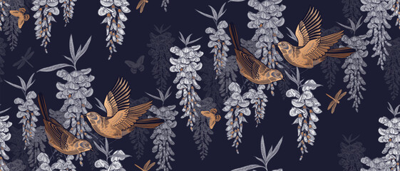 Floral seamless pattern. Birds, butterflies and dragonfly on branches of Wisteria liana.