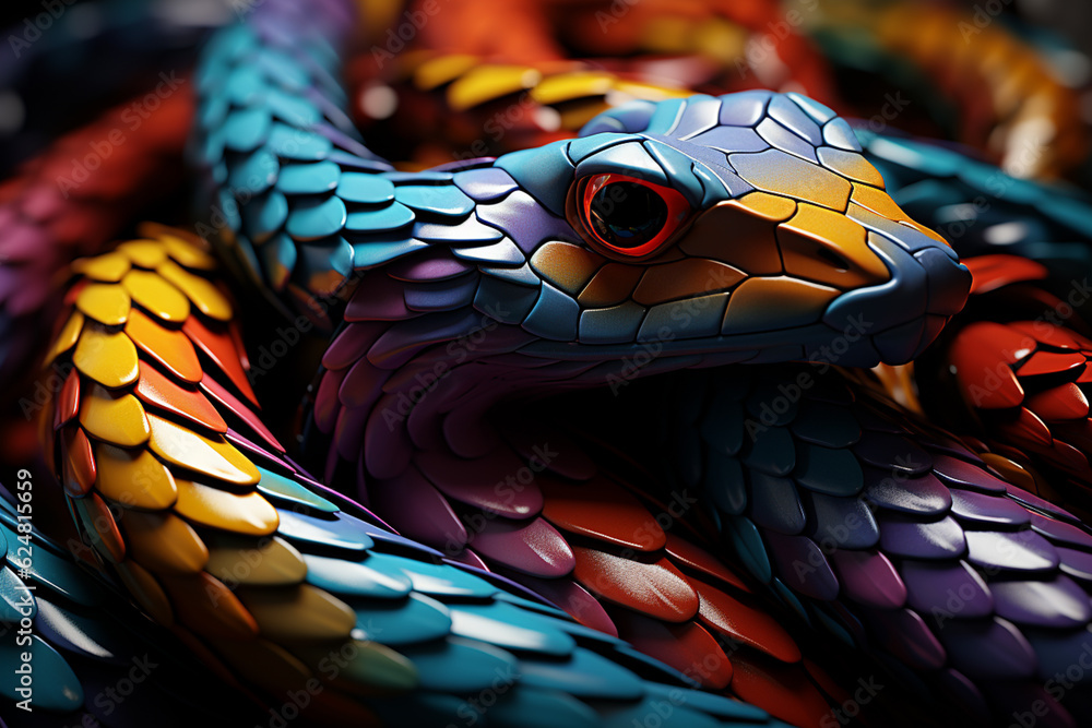 Poster  complex, multi-layered pattern of interlocking shapes that resembles a Snake.  Generative AI technology.