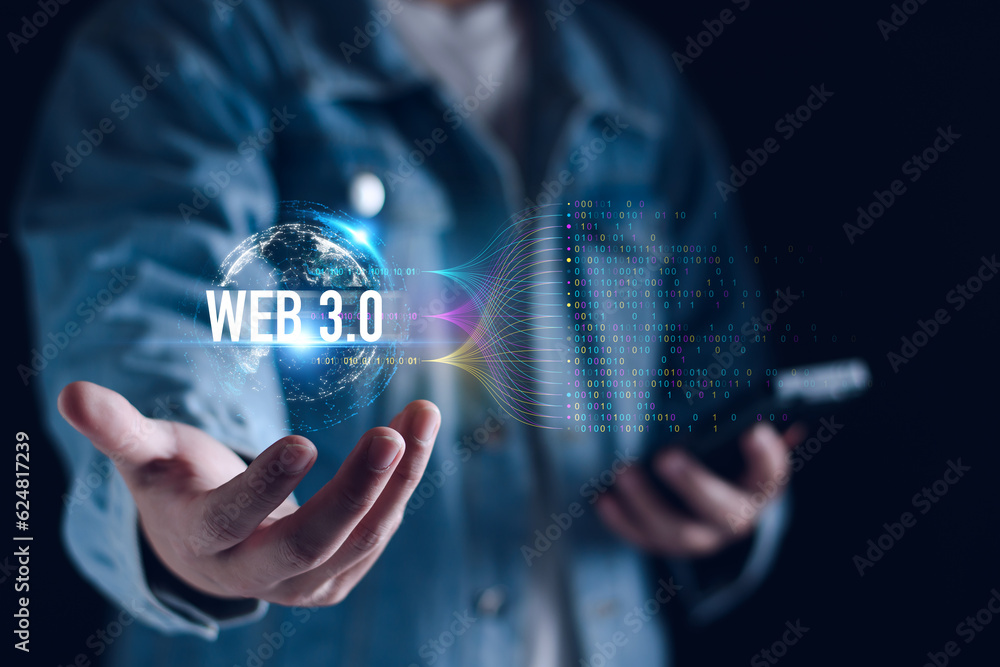 Poster web 3.0 concept. businessman hand show web 3.0 with globe. ai technology global network, future tech