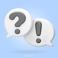 3d rendering faq icon, question and exclamation mark sign with speech bubble. Ask FAQ and answer solution information. Customer support. Question answer sign. Cartoon 3d concept. Vector illustration