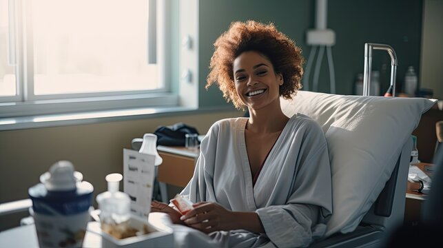 Black woman recovering in hospital bed with a healthy breakfast.