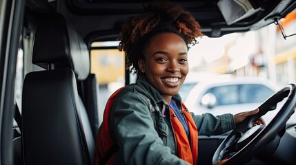 Young black woman similing driving a truck. Professional driver.