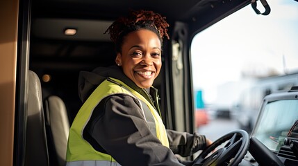 Young black woman similing driving a truck. Professional driver.