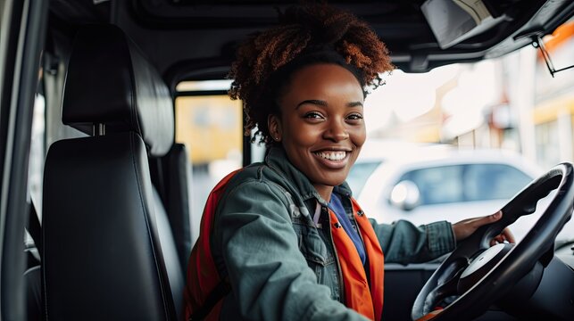 Young Black Woman Similing Driving A Truck. Professional Driver.