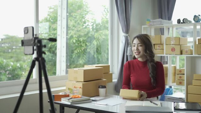 Happy successful asian businesswoman excited to receive purchase order and check stock Working at home office with parcel box laptop small business owner Online marketing, SME business concept