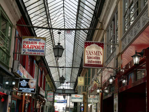 Covered arcades : the "passages couverts" in Paris. The exotic "Passage Brady" with indian shops and restaurants.  Prefiguration of contemporary shopping malls. 