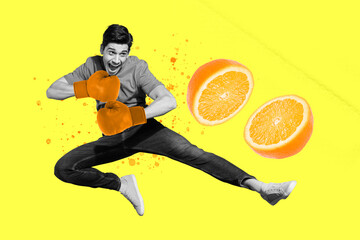3d retro abstract creative artwork template collage of smiling excited energetic young man leg...