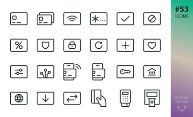Bank cards icons set. Set of contactless card, digital debit card, pin code, ATM, pos payment terminal, NFC contactless mobile payment, withdraw money, reissue, money transfer isolated vector icon