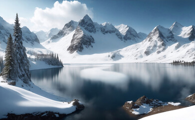Lake and snowy mountain background, Generative AI Illustration.
