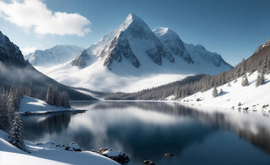 Lake and snowy mountain background, Generative AI Illustration.